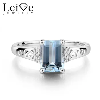 

Leige Jewelry Real Natural Aquamarine Ring Wedding Rings Emerald Cut Solid 925 Sterling Silver Blue Gemstone March Birthstone