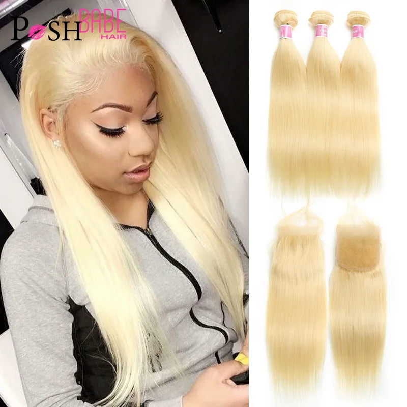 

613 Honey Blonde 8 - 30 Inch Brazilian Remy Straight Hair 3 4 Bundle with Free Middle Part Swiss Lace Closure 4x4 Free Shipping