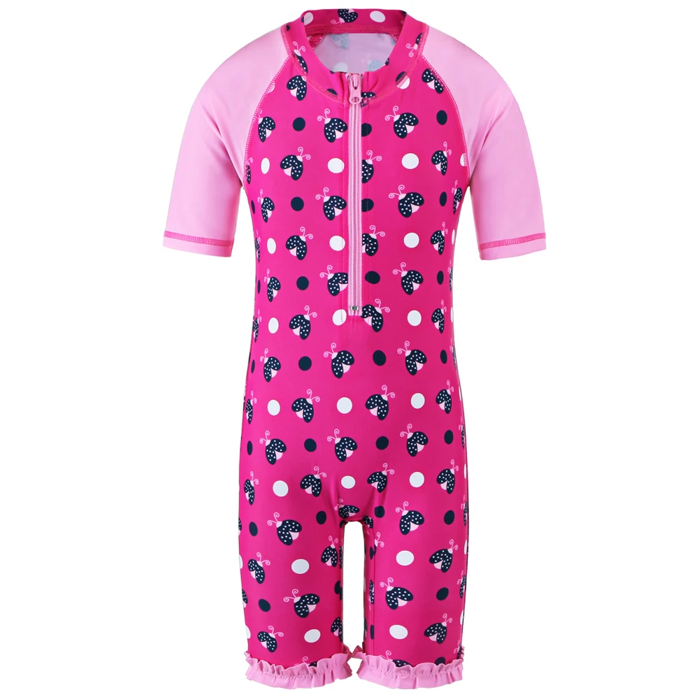 

2017 New Arrival Retailed Baby Girls Ladybug Surf Swimwear with Zipper UV 50+ Sun Beachwear Half Sleeve 1Piece Set 3-10Y
