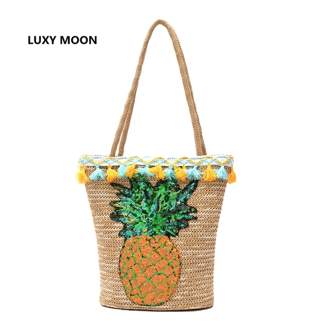 Buy Summer Tassel Straw Handbags for Women Sequin Pineapple Beach Bag Boho