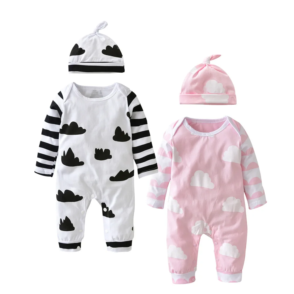 

2 Pcs Newborn Infant Baby Boys Girls Clothes Cartoon White and Pink Cloud Print Jumpsuit+Hat Toddler Clothing Set