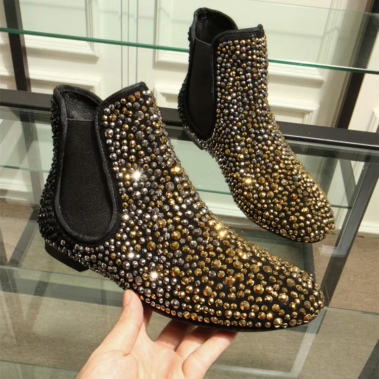 Aliexpress.com : Buy 2018 Black Gold Rhinestone Ankle Boots Women Shoes Flats Slip On Motorcycle 