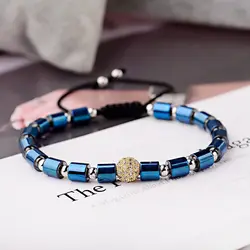 OIQUEI 2019 Роскошные ювелирные изделия Белый циркониевые шары Bradied браслеты для мужчин геометрический синий гематитовый камень Йога браслет