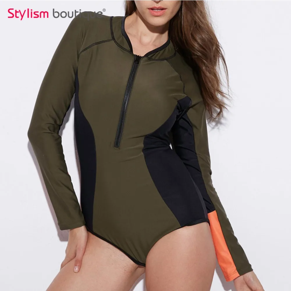 

2018 Long Sleeves Rash Guard Women Surf Swimwear Women Patchwork One Piece Swimsuit Zip Front Rashguard Wetsuit Bathing Suit