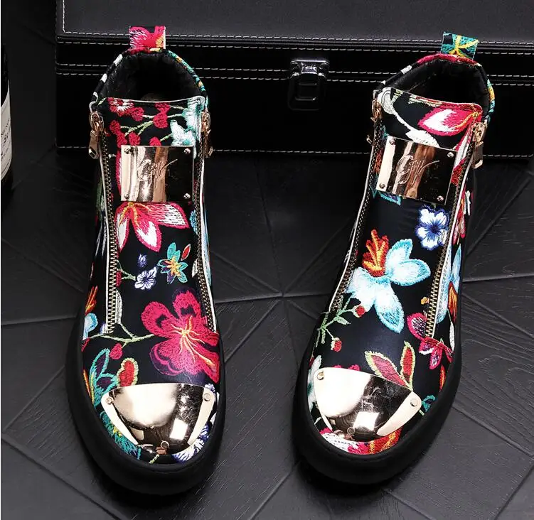 Британская Мужская модная повседневная обувь на плоской подошве с высоким берцем на молнии с цветами мужские кроссовки свадебные туфли-мокасины Лоферы sapato social masculino
