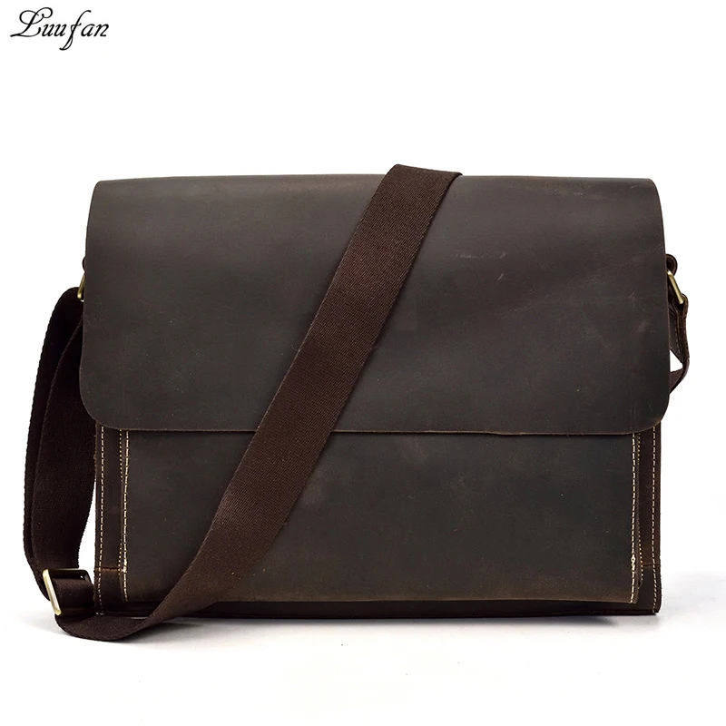 

Men's Vintage Crazy horse leather messenger bag A4 Genuine leather 13inch laptop shoulder bag iPad Thick Cow leather school bag