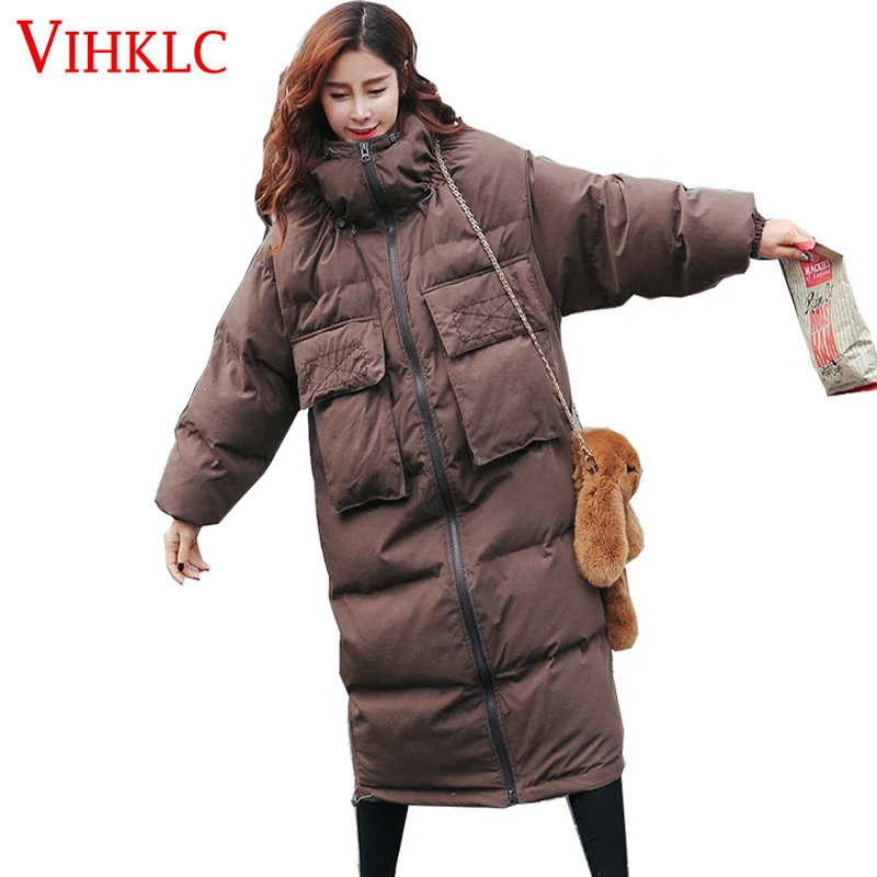Для женщин парки корейские куртки-Пуховики свободного покроя теплая дутая куртка Для женщин верхняя одежда высокого качества, зимняя средней длины длинное пальто хлопковая стеганая куртка парка H513