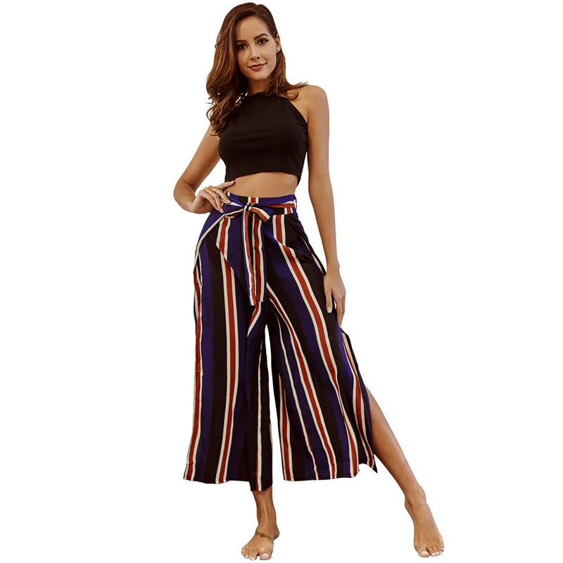 women sexy side split striped wide leg pants pockets side zipper full length female casual trousers chic long pants