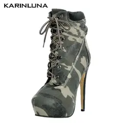 Karinluna/Большие размеры 47; пикантная камуфляжная стильная женская обувь; женские вечерние ботинки на высоком каблуке для ночного клуба;