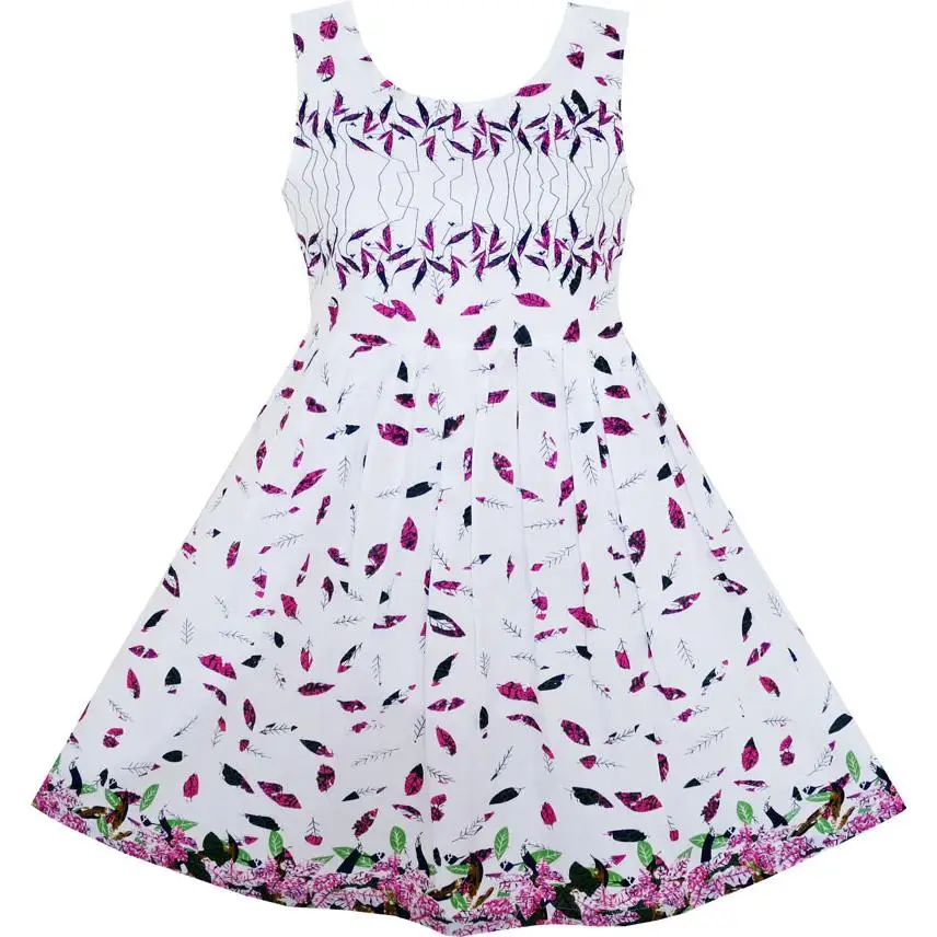 

Sunny Fashion Flower Girl Dress Purple Green Leaves Flying in Wind Pattern Cotton 2018 Summer Princess Wedding Party Size 7-14