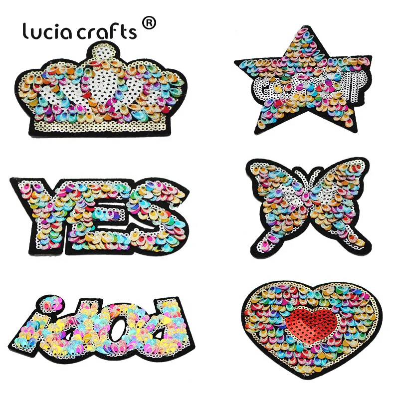 

6pcs Shiny Stars Crown Letters Embroidered Patches Sequins Badge DIY Iron On Patches Applique Clothes Bags Accessories L0613
