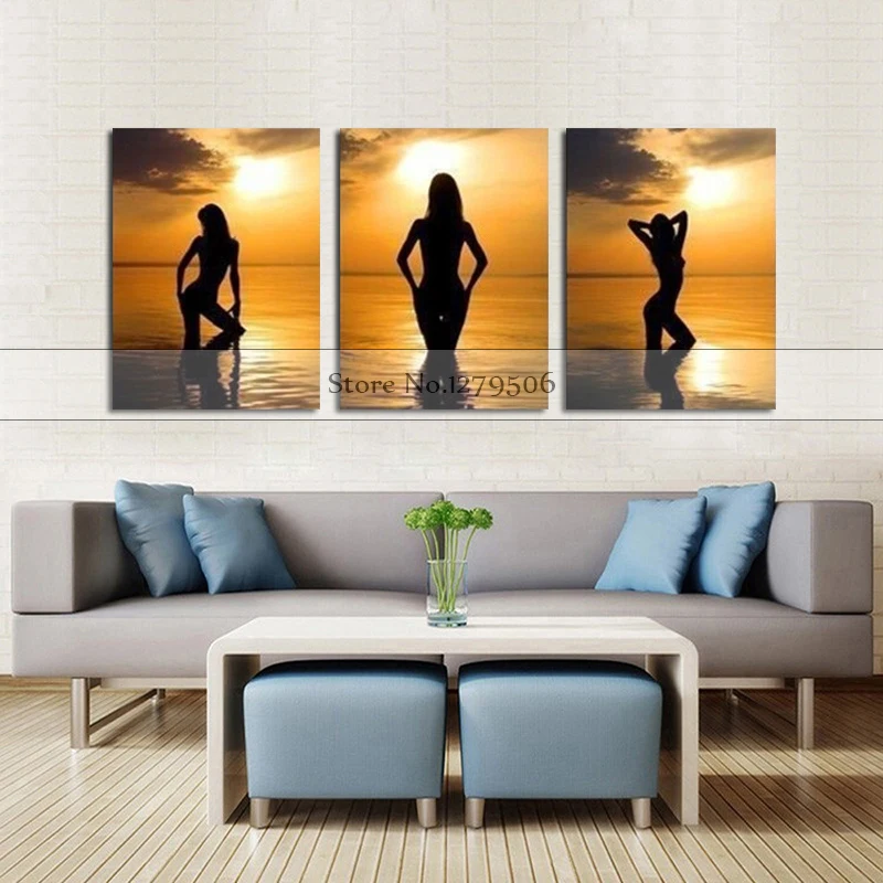 

3 Pieces Handmade Oil Painting On Canvas Wall Picture sexy nude girl on the beach sunset picture For Living Room Hang Pictures