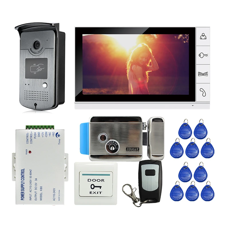 

FREE SHIPPING 9" Color Screen Video Door Phone Intercom System + White Monitor + Waterproof RFID Doorbell Camera + Electric Lock