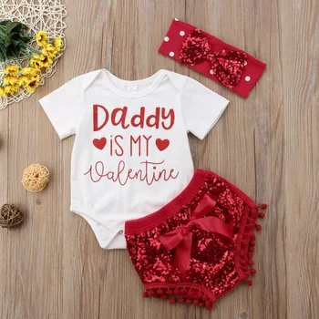 

Cute Newborn Baby Girls Tops Romper Bowknot Shorts Sequins Outfits Set Clothes Baby Girl Letter Printed Set Red