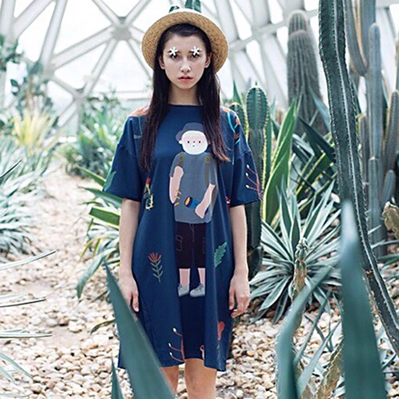 

Harajuku Women Summer Chiffon Dress New O Neck Short Sleeve Preppy Style Ladies Dresses Preppy Style Cartoon Printed Pleated Hem