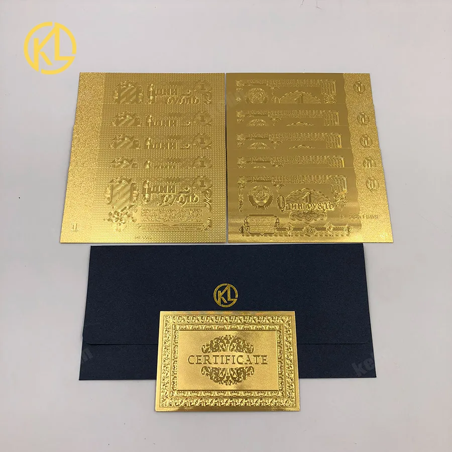 

KL 10pcs antique imitation Soviet Union 1 ruble 24K gold plated Banknote with showing stand for patriotism memory souvenir