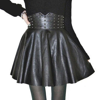 

Nice Women's Skirt Sexy Fashion PU Leather High Waisted Skirts Womens Rivet Pleated A-line Mini Skirt Plus Size Women Clothing