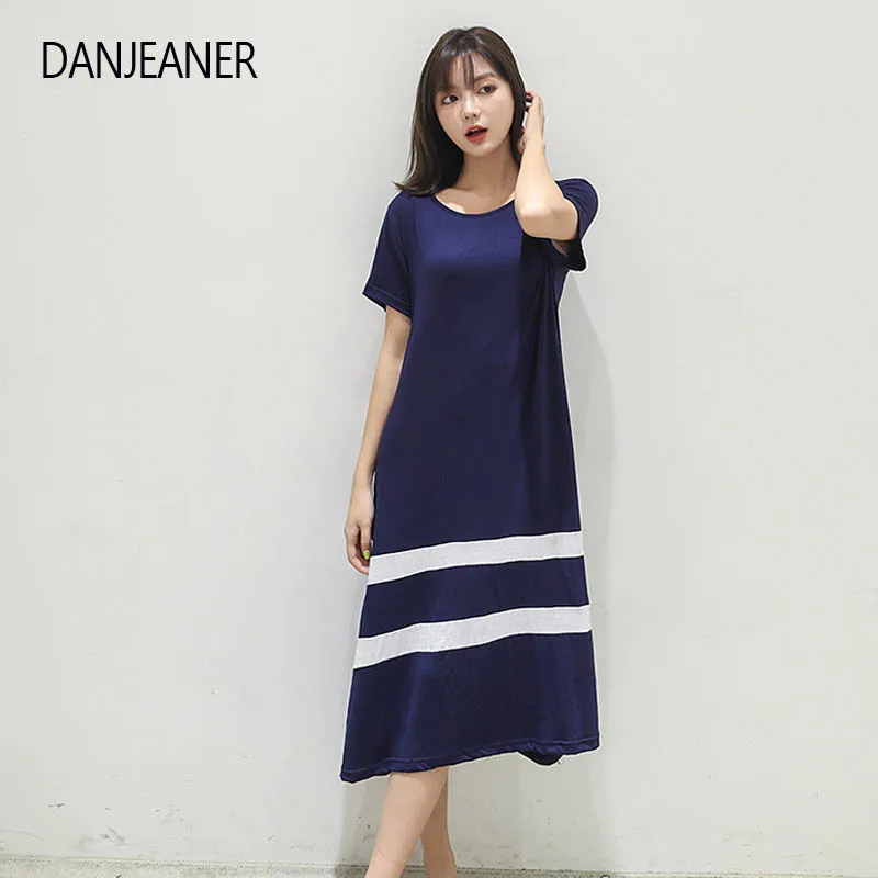 

DANJEANER Summer Short Sleeve Casual Dresses 2019 Women Loose Patchwork Striped O-Neck Long Beach Dress Plus Size Casual Dress