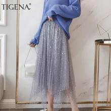 TIGENA, модные женские юбки из тюля с блестками, осень, высокая талия, плиссированные, миди, длинные юбки, Женская Асимметричная пачка, юбки