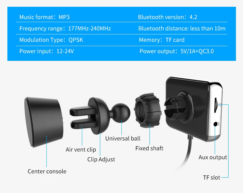 Jilang Автомобиль DAB радиоприемник тюнер FM передатчик Plug-and-Play DAB+ адаптер вспомогательный aux bluetooth пульт дистанционного управления с TF USB Зарядное устройство 5 V/2.1A QC3.0