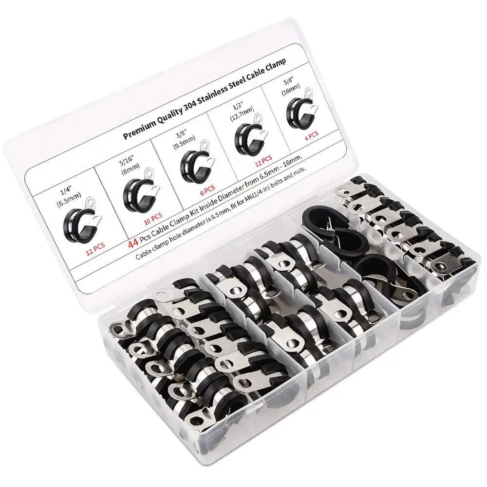 Assortment Kit 2 44Pcs Rubber Cushion Insulated Clamps,Cable Clamp.Stainless Steel Metal Clamp with Hex Bolts Screws Nuts.Assortment Kit. LM