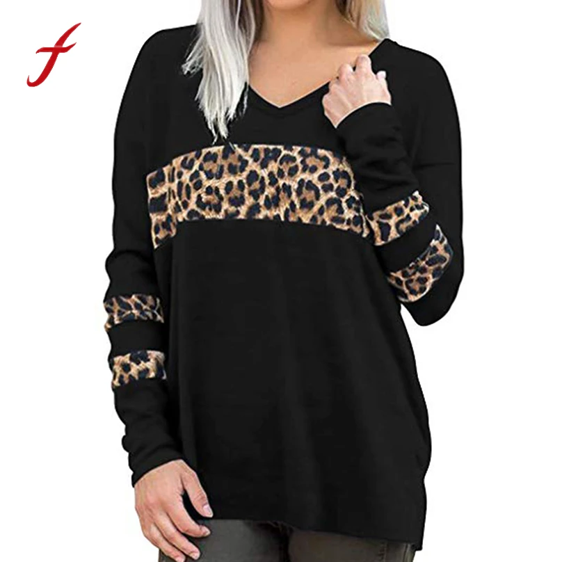 

T Shirt Women New t-shirts women 2018 vogue Vintage tshirts cotton sexy neck Leopard Print patchwork long sleeves poleras mujer