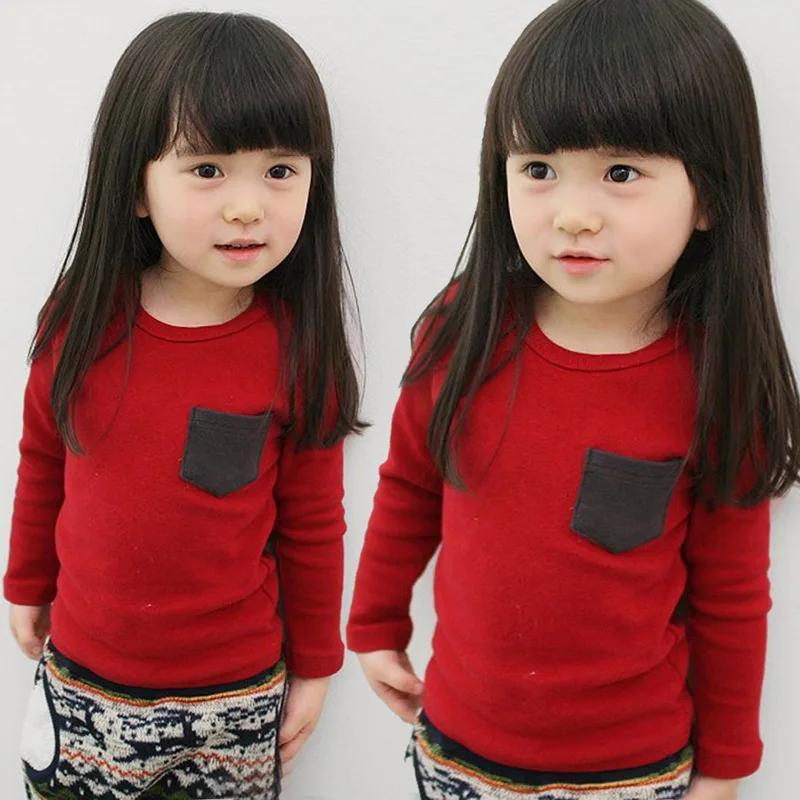 

Boys Girls Long Sleeve T-shirt Candy Color Kids Cotton Pocket Tops Children Casual Tees Baby Spring Autumn Blouse Girl Clothes