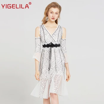 

YIGELILA 2019 Summer Women Lace Mesh Dress Fashion V-neck Three Quarter Flare Sleeve Empire Slim Knee Length Party Dress 63304