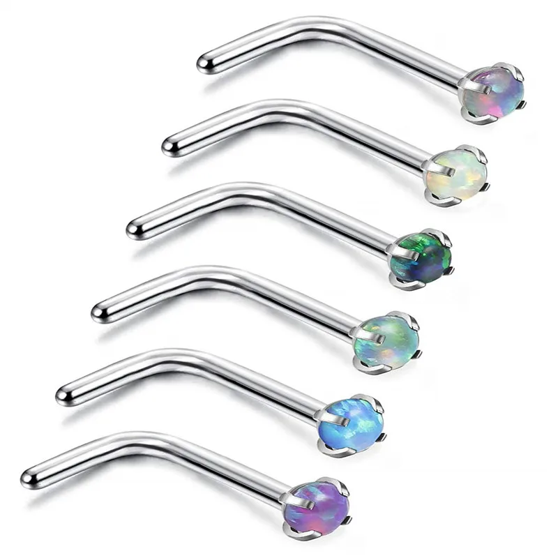 

5-6Pcs 20G Stainless Steel Nose Stud Rings Body Piercing Jewelry Mixed Colored Opal Stone Inlaid