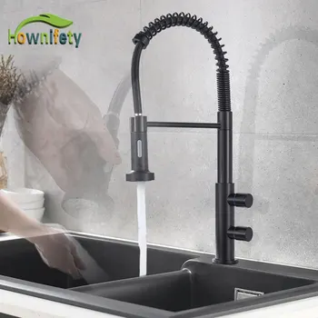 

Blacked Kitchen Spring Faucet Hot & Cold Dual Handle Mixer Tap Pull Down 360 egree Rotation Bathroom deck Mount Crane