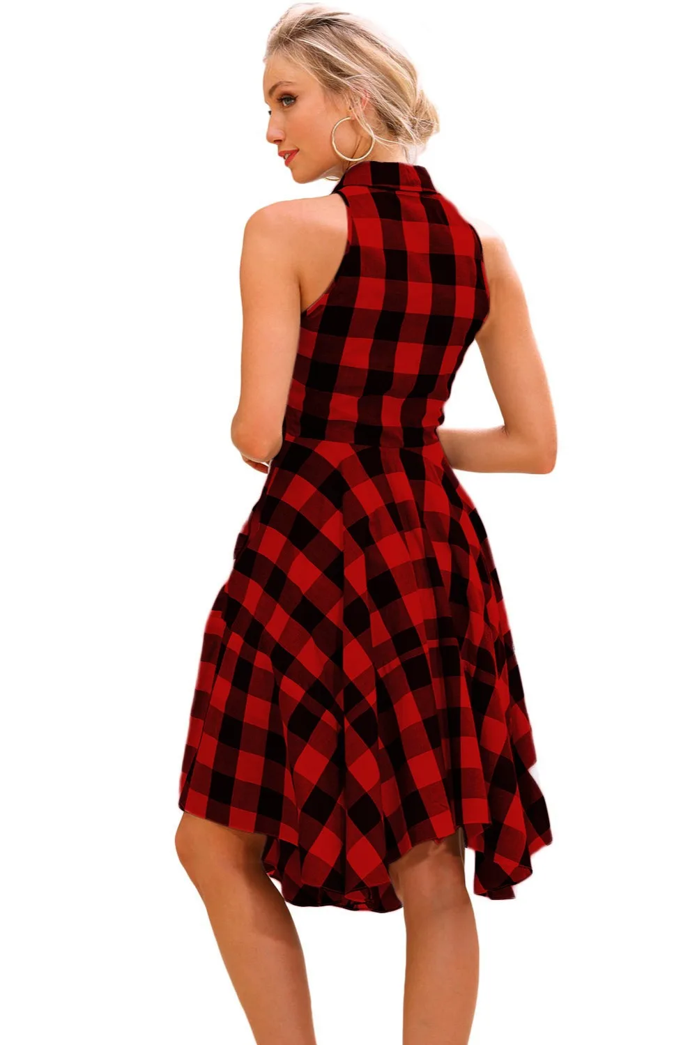 Классическое Красное и черное хлопковое клетчатое повседневное летнее женское платье без рукавов, тонкое пляжное платье для вечеринки, женское платье