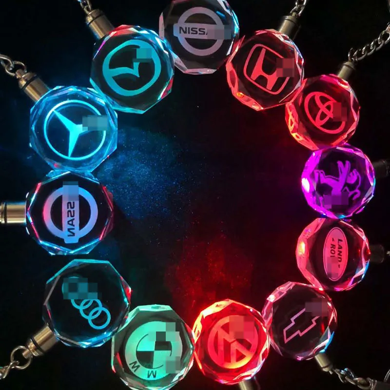 

Laser Engraved Crystal Key Chains Colorful LED Light Car Logo Key Ring Audi Benz GMC Borgward KIA Key Holder Keychains SP1854