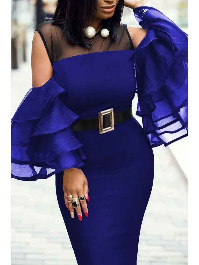 Размера плюс, женские вечерние платья сезон: весна–лето с рукавом-бабочкой, сексуальное Клубное платье модное Сетчатое платье свободного покроя, облегающее платье - Цвет: Синий