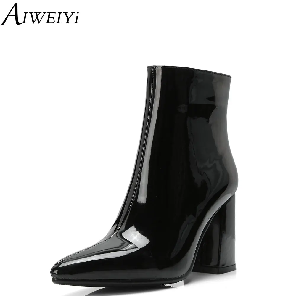 

AIWEIYi Gold Silver Ankle Boots for Women Pointed toe Thick Heel High Heels Shoes Woman Fur Warm Winter Martin Boots Botas