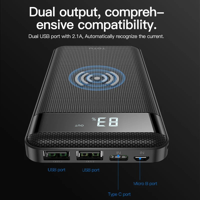 TOTU 10000mAh QI Wireless Charger Dual USB Power Bank For iPhone Xs Max X 8 LED Display External Battery Powerbank For Samsung TOTU 10000mAh QI Wireless Charger Dual USB Power Bank For iPhone Xs Max X 8 LED Display External Battery Powerbank For Samsung