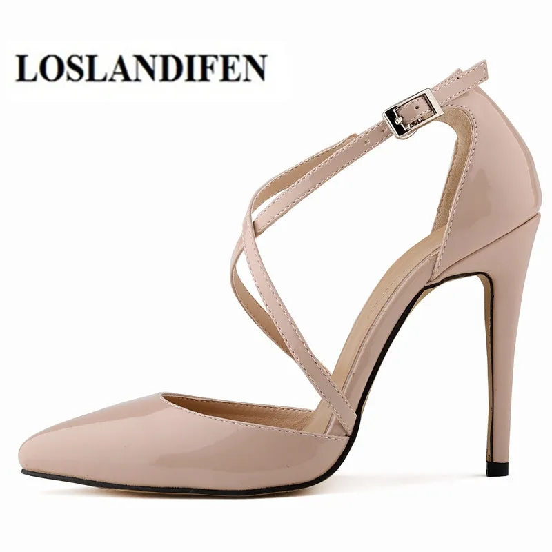 

LOSLANDIFEN New Fashion Women Shoes 11 CM Thin High Heel Cross-tied Sexy Pointed Toe Cover Heel Nude Color Sandals 35-42
