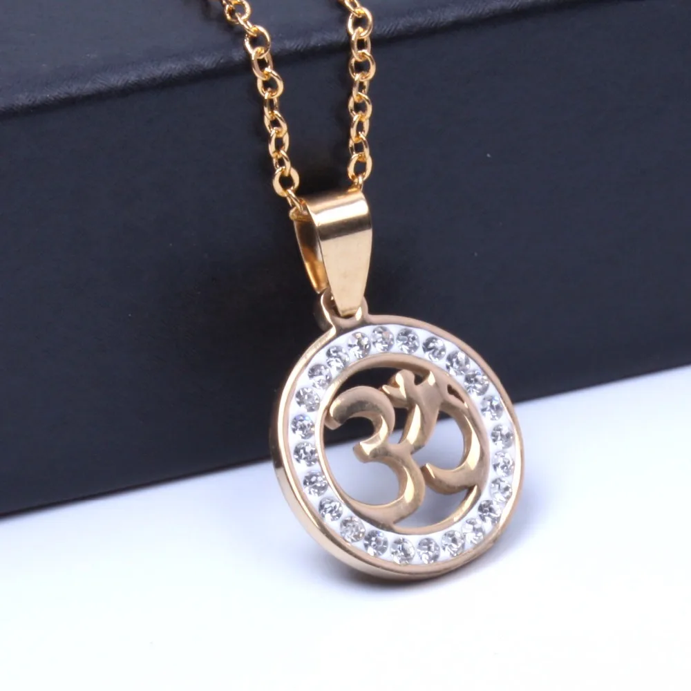 Paved Rhinestone OM Pendant Necklace gold / Silver Plated necklace for