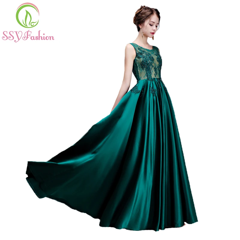 SSYFashion New The Banquet Elegance Satin Evening Dress Dark Green and