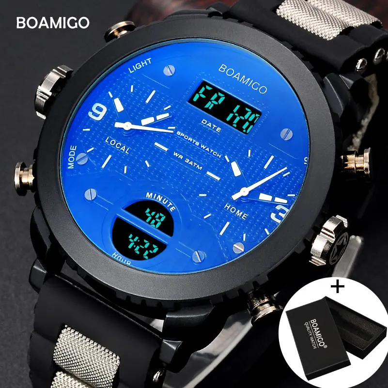 الرجال الساعات BOAMIGO العلامة التجارية 3 المنطقة الزمنية العسكرية الساعات الرياضية الذكور LED الرقمية الكوارتز المعصم هدية مربع relogio masculino الرجال الساعات BOAMIGO العلامة التجارية 3 المنطقة الزمنية العسكرية الساعات الرياضية الذكور LED الرقمية الكوارتز المعصم هدية مربع relogio masculino