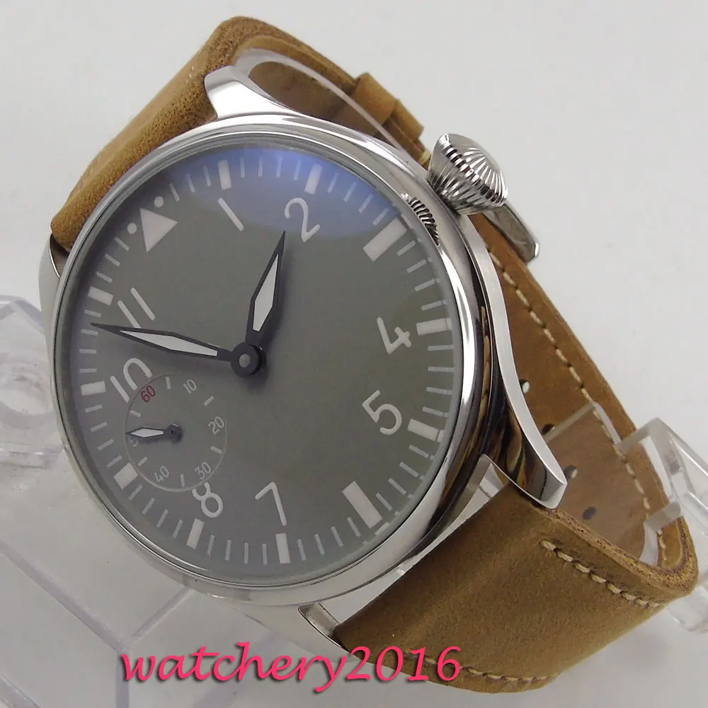 

44mm PARNIS Gray Sterile Dial Leather strap Stainless steel Case Luxury Brand 17 Jewels 6497 Hand Winding Movement men's Watch