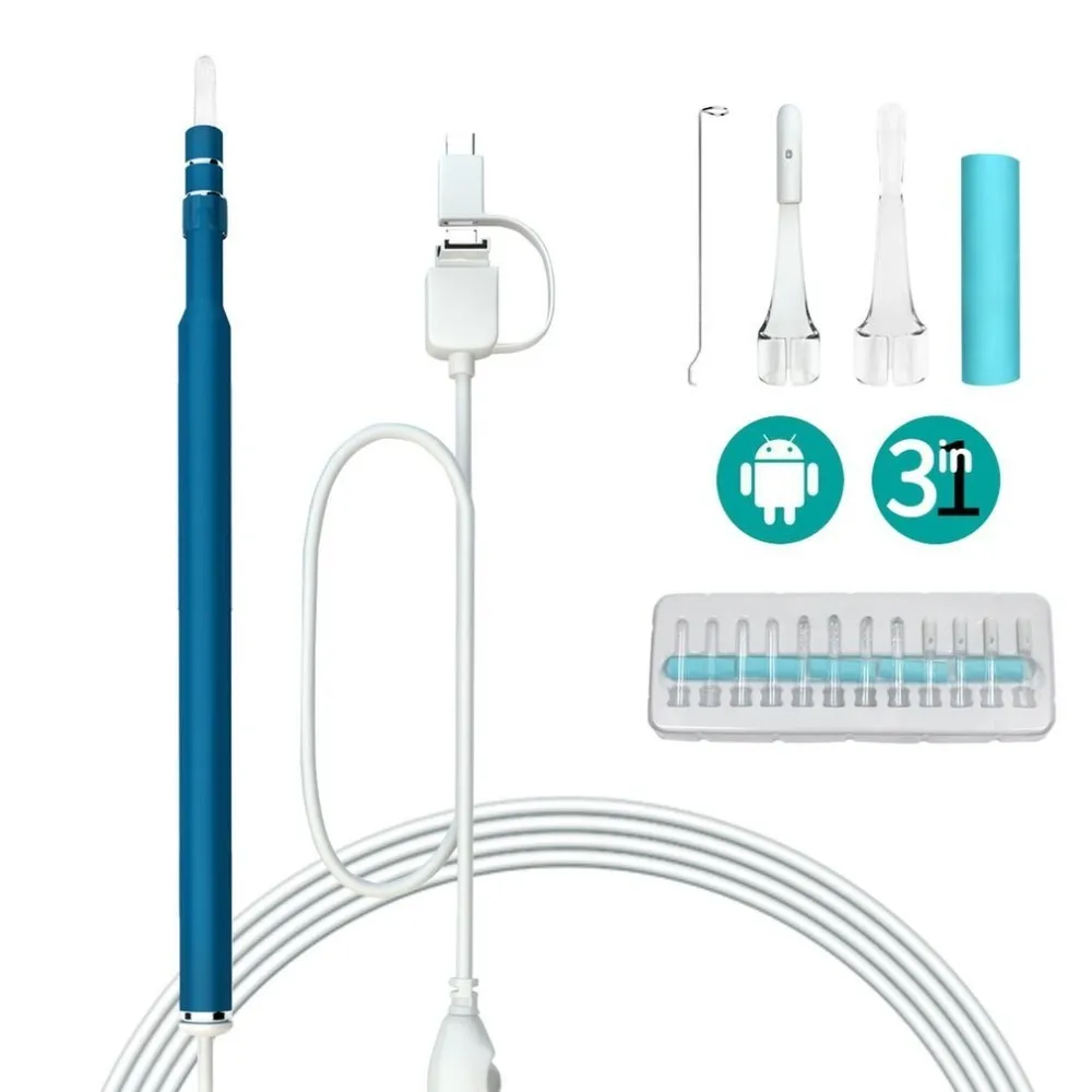 3-в-1 для чистки ушей эндоскоп 5,5 мм Визуальный Инструмент для чистки ушей USB палочка для ушей уши чистящий инструмент диагностики Ушная палочка с сумкой в комплекте - Цвет: 720 Blue