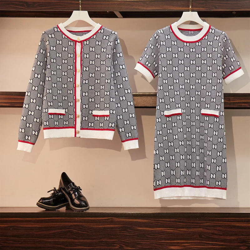 

2019 Spring Autumn Women Two Piece Sets Loose Street Wear Knitting Top Cardigans Sweater + Short Sleeve Knee Length Casual Dress