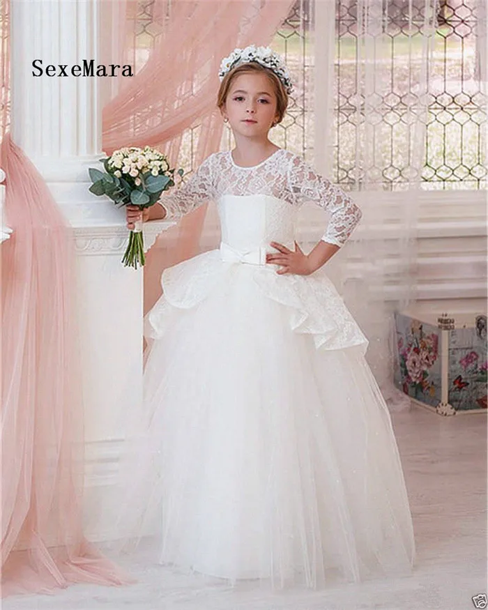 Платье цвета слоновой кости с цветочным узором для девочек, кружевное Многоуровневое Тюлевое платье с круглым вырезом и длинными рукавами