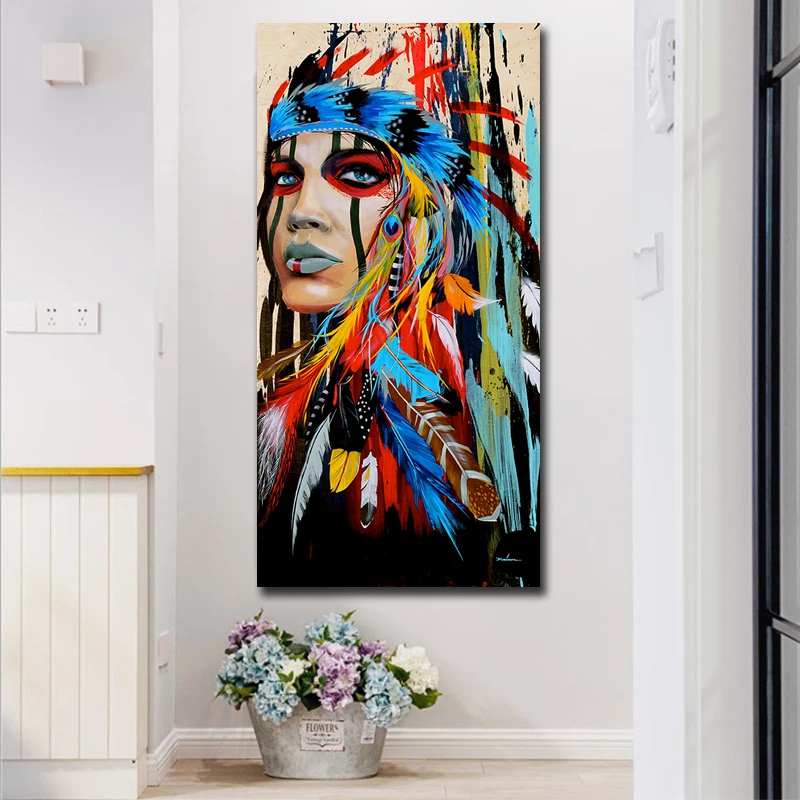 

70x140cm Indian Feather Woman Canvas Wall Art Printed Digital Photo Prints Home Wall Decoration Pictures Unframed