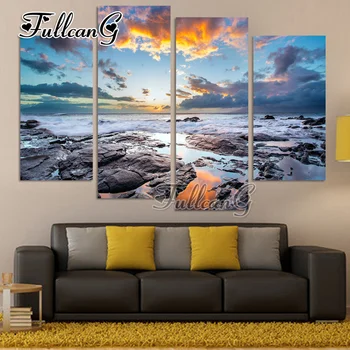 

FULLCANG 4pcs diy diamond painting "beach nature scenery" mosaic cross stitch rhinestone embroidery full drill decor gift G1254
