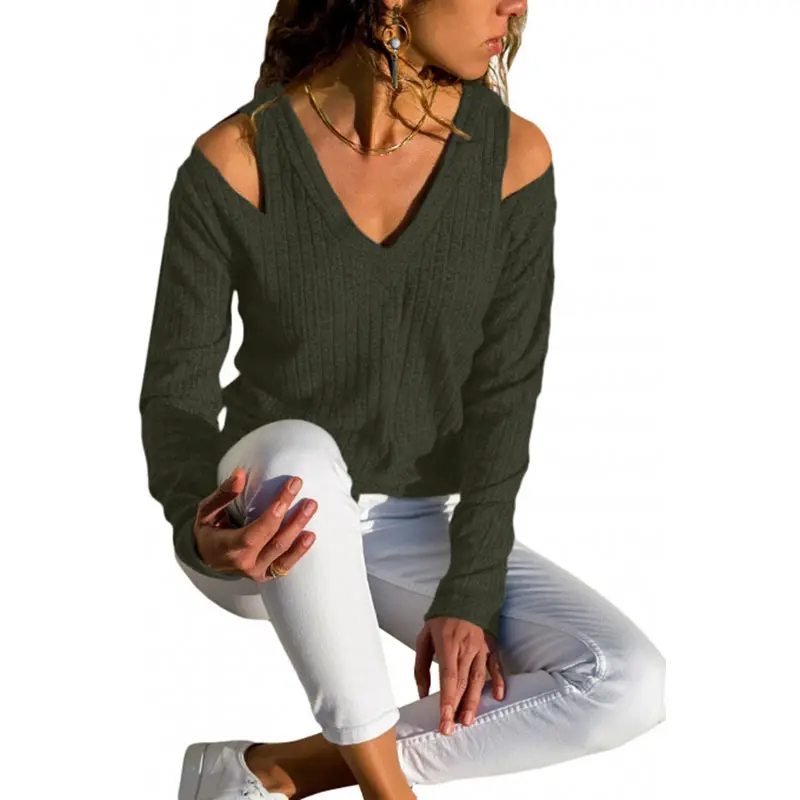 pullover Female rib knit long-sleeved top winter clothes women V-neck cold shoulder sweater casual pure Color clothes autumn (4)