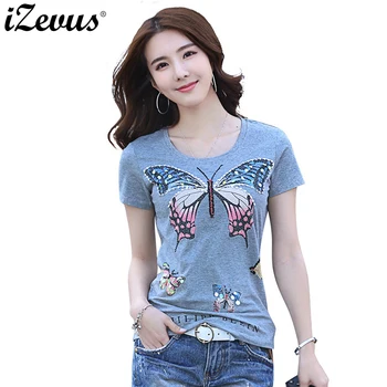 

IZEVUS Women Sweet T-shirt Handmade Beaded Butterfly Crystal Printed O Neck Short Sleeve Ladies Summer Casual Brand Tops