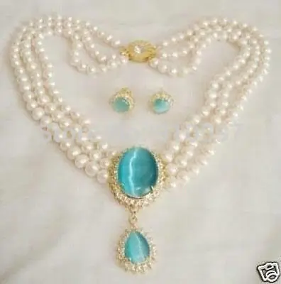 

LHX54013>>CharmiNg! jewelry Natural white pearl necklace opal pendant earring 18KGP set