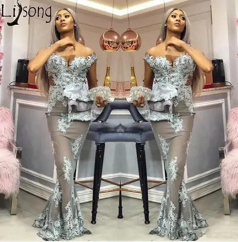 Сексуальные платья для выпускного вечера Aso Ebi Русалка модные с открытыми плечами, расшитое бисером кружевные аппликации вечерние платья большого размера женское вечернее платье - Цвет: Серебристый