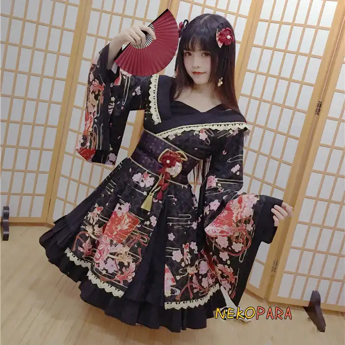 Gorgerous Hanayome 3pcs Set Japanese Kimono Style Dress Lolita Op Dress Cute Yukata Sleeve With Waist Belt And Flower Pin Aliexpress